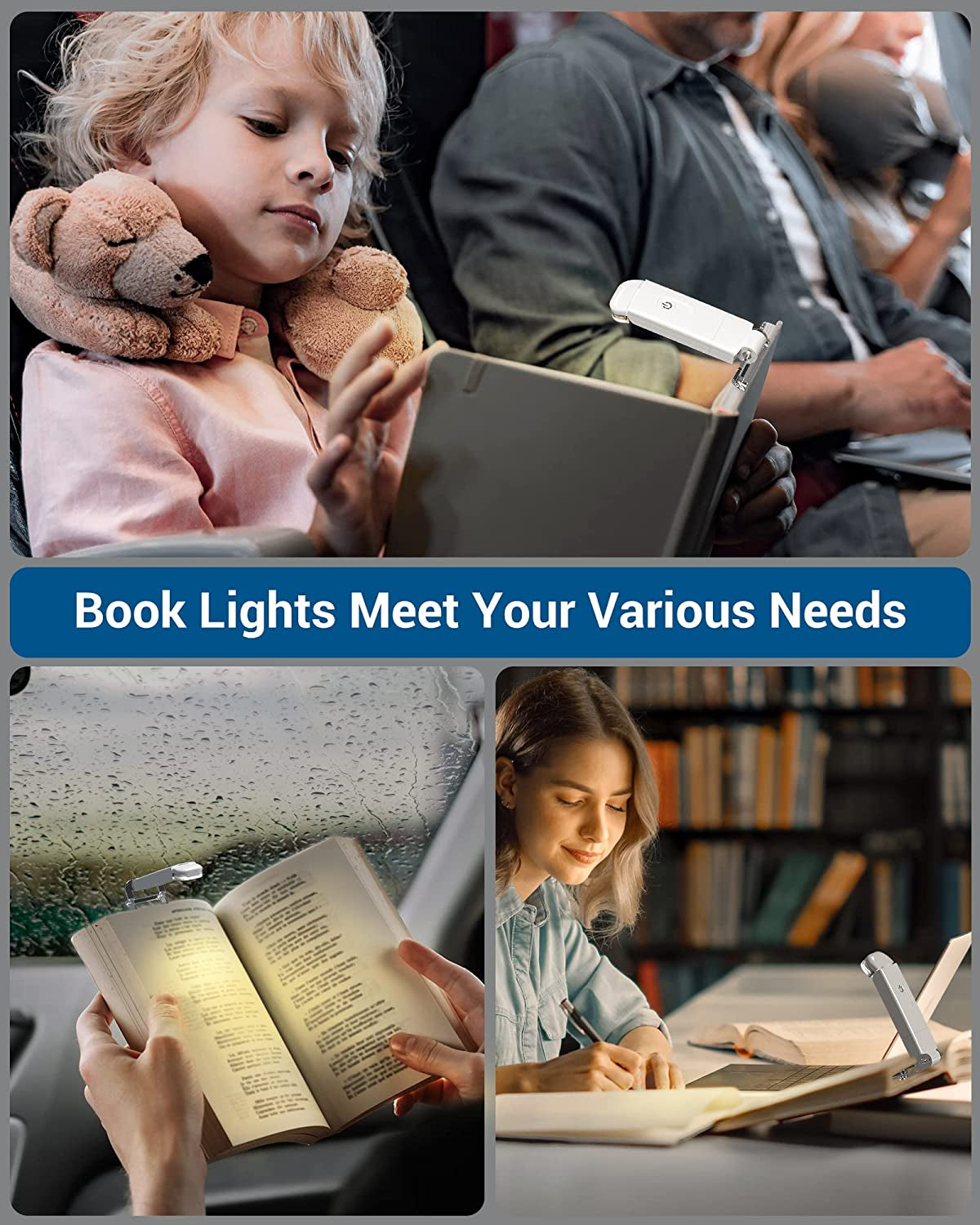 USB Rechargeable Book Reading Light, 3000K Warm White, Brightness Adjustable Clip on LED Bookmark Lamp at Night in Bed, Portable Booklight for Bookworms, Kids